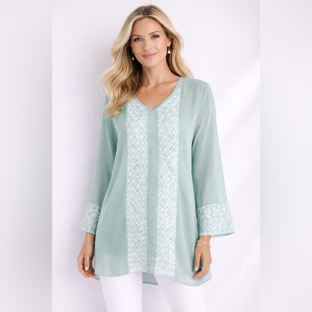 Sundance Top Silk Tunic M Green Blue Sheer Crochet Cottage Boho Party Shirt EUC